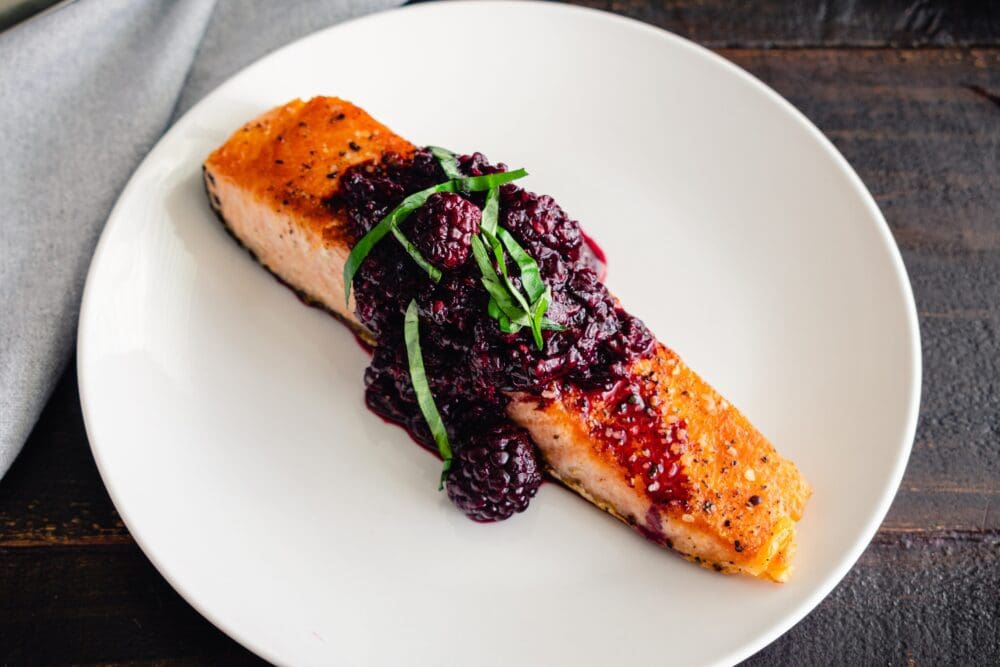 Grilled Salmon with Black Garlic & Blackberry Sauce - Chefs Club Recipes
